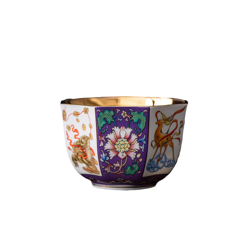 Eight-Sided Cup (Bafang) Enamel-colored 24K Gilt Tea Cup