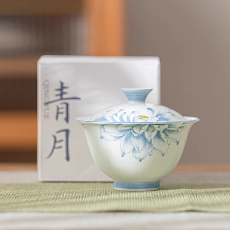 (Lotus Rhyme) White Porcelain Covered Bowl Set