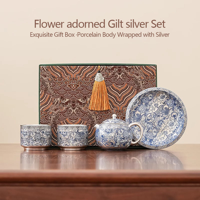 Blue and white Porcelain Xishi style Teapot Set with Interlocking Lotus Pattern and Gilt - silver Finish