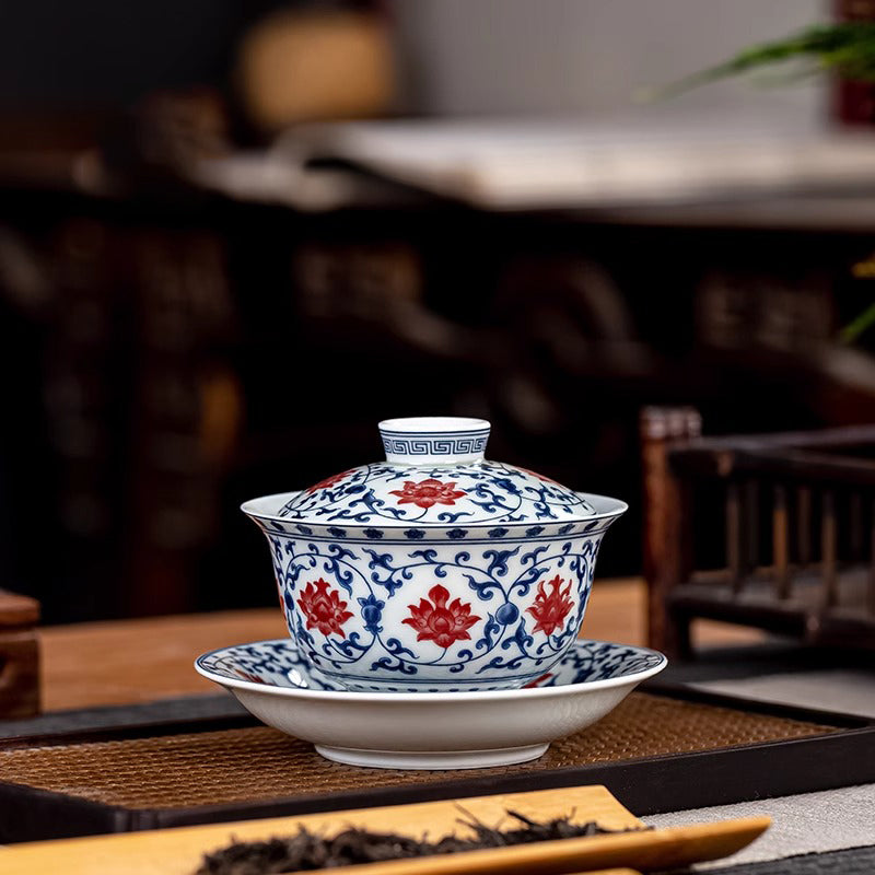Blue and white Three Layered Covered Bowl with Intertwined Lotus Patterns