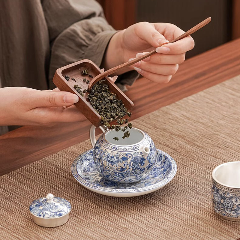 Blue and white Porcelain Xishi style Teapot Set with Interlocking Lotus Pattern and Gilt - silver Finish