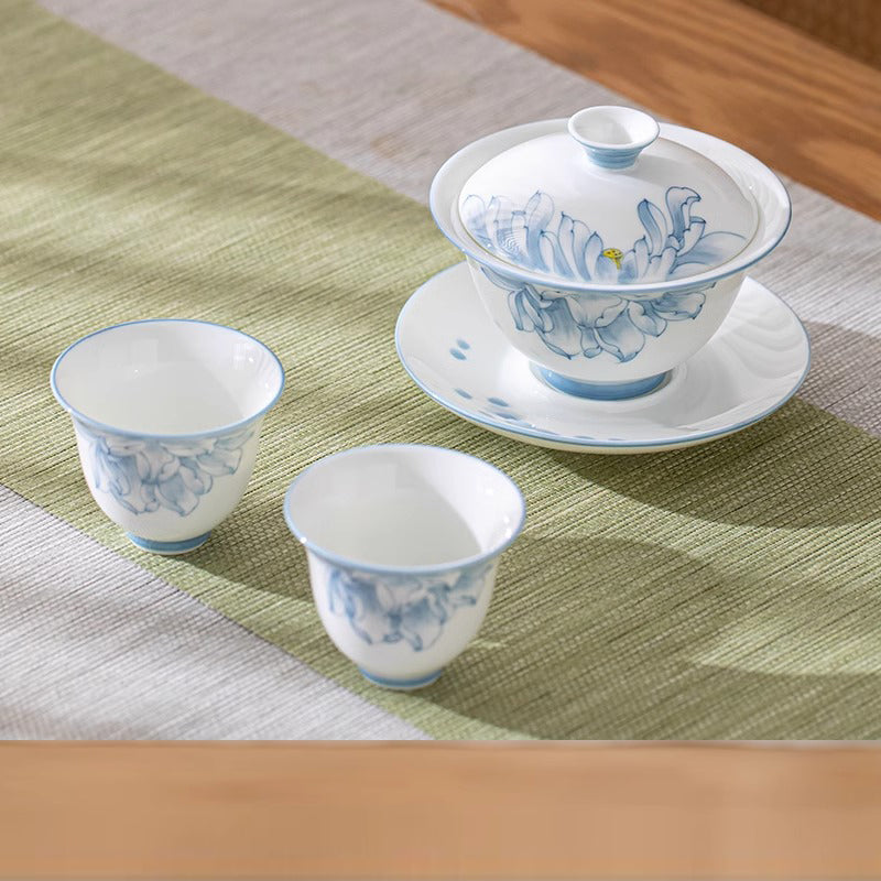 (Lotus Rhyme) White Porcelain Covered Bowl Set
