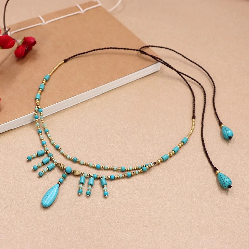 Retro turquoise forehead pendant + agate earrings