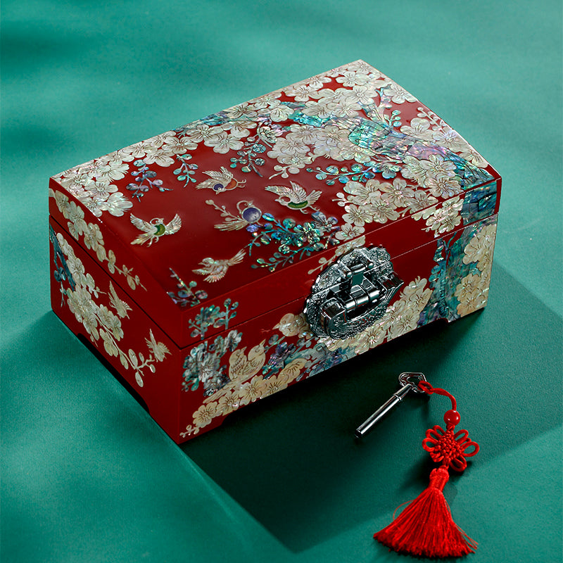 Lacquer Jewelry Box with Magpie & Plum Design — Symbolizing Radiant Joy