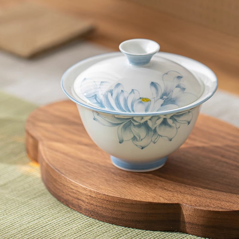 (Lotus Rhyme) White Porcelain Covered Bowl Set