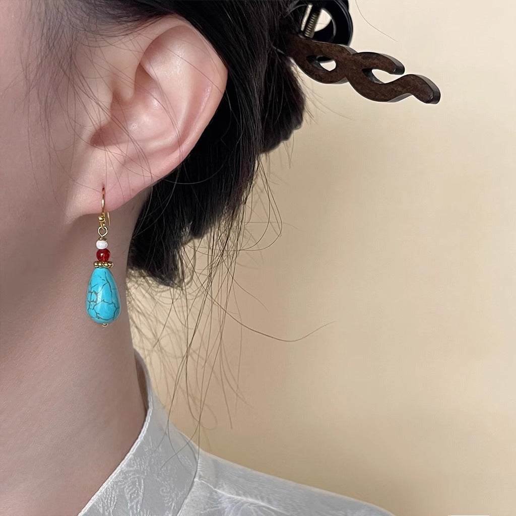Retro turquoise forehead pendant + agate earrings
