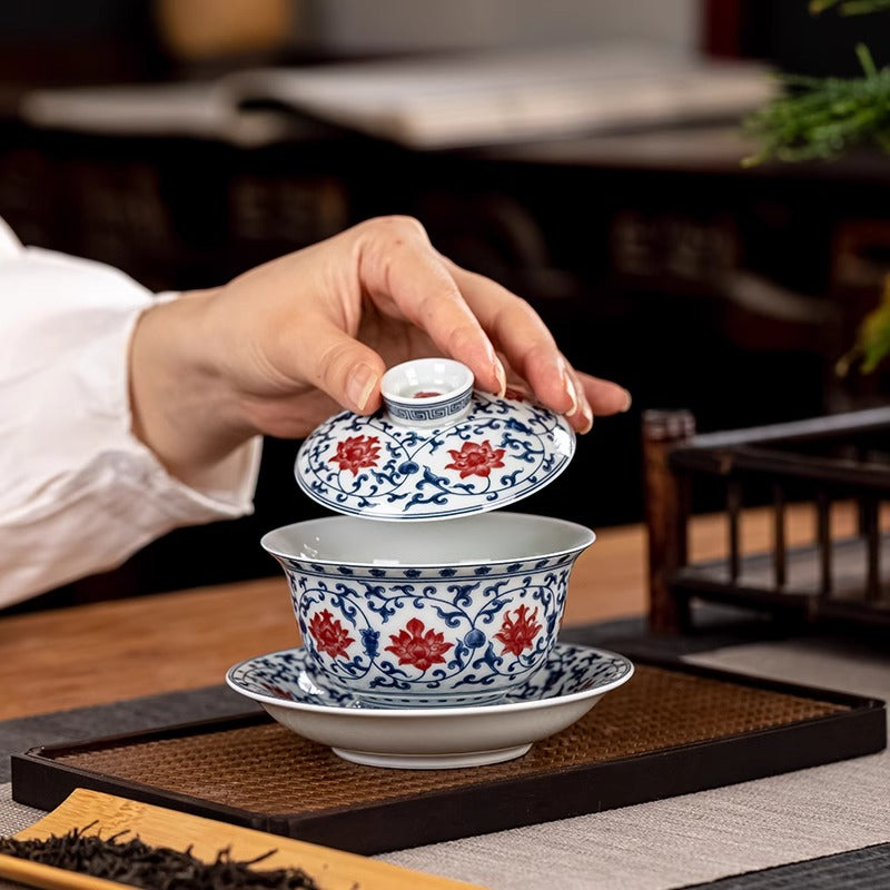 Blue and white Three Layered Covered Bowl with Intertwined Lotus Patterns