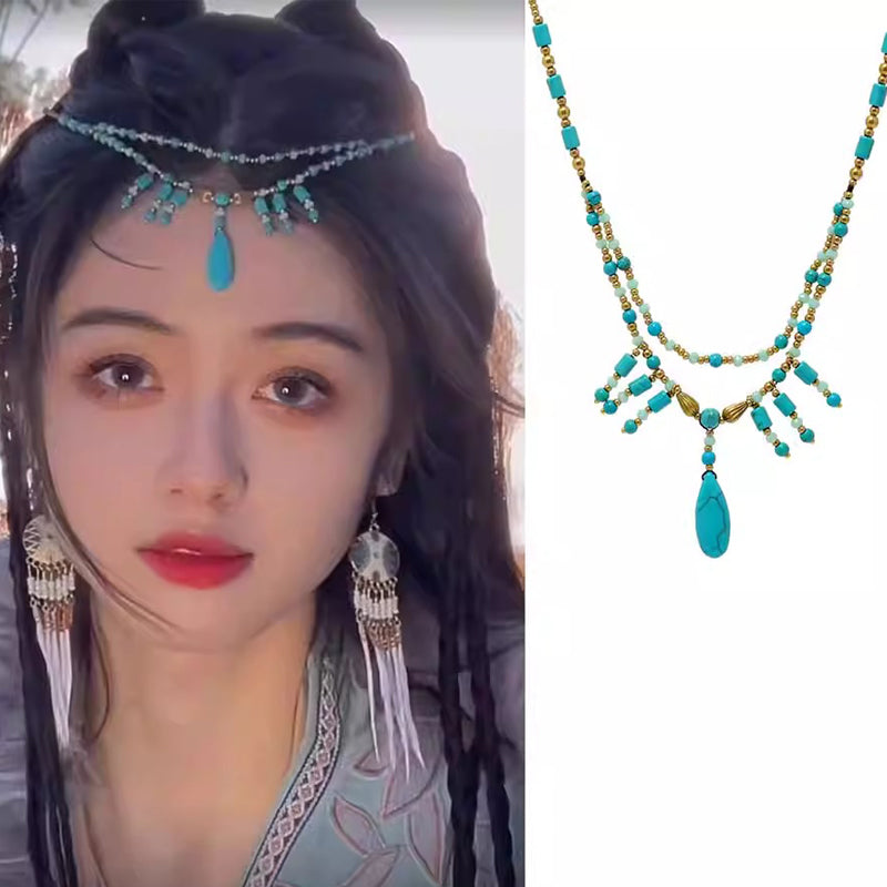 Retro turquoise forehead pendant + agate earrings