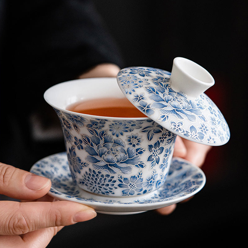 Mutton-Fat Jade Floral Tea Set