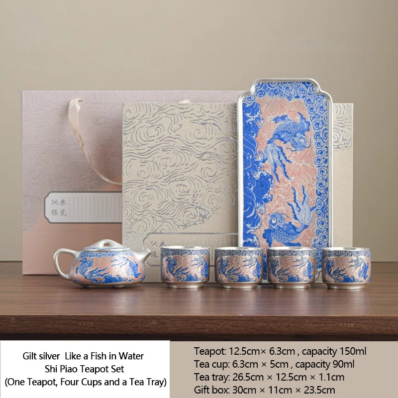 Gilt silver kungfu tea set