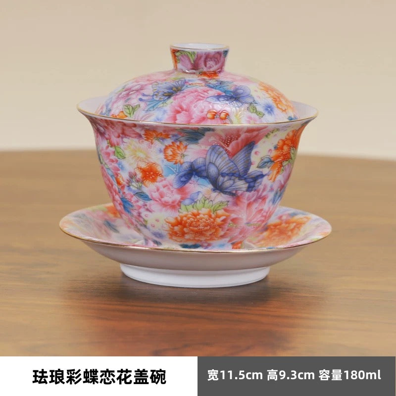 Enamel Color Butterfly & Flower Gaiwan - Chinese Imperial Tea Bowl— Elegant enamel gaiwan inspired by Qing Dynasty imperial craftsmanship, perfect for gongfu tea lovers and gifting