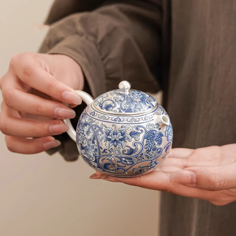 Blue and white Porcelain Xishi style Teapot Set with Interlocking Lotus Pattern and Gilt - silver Finish