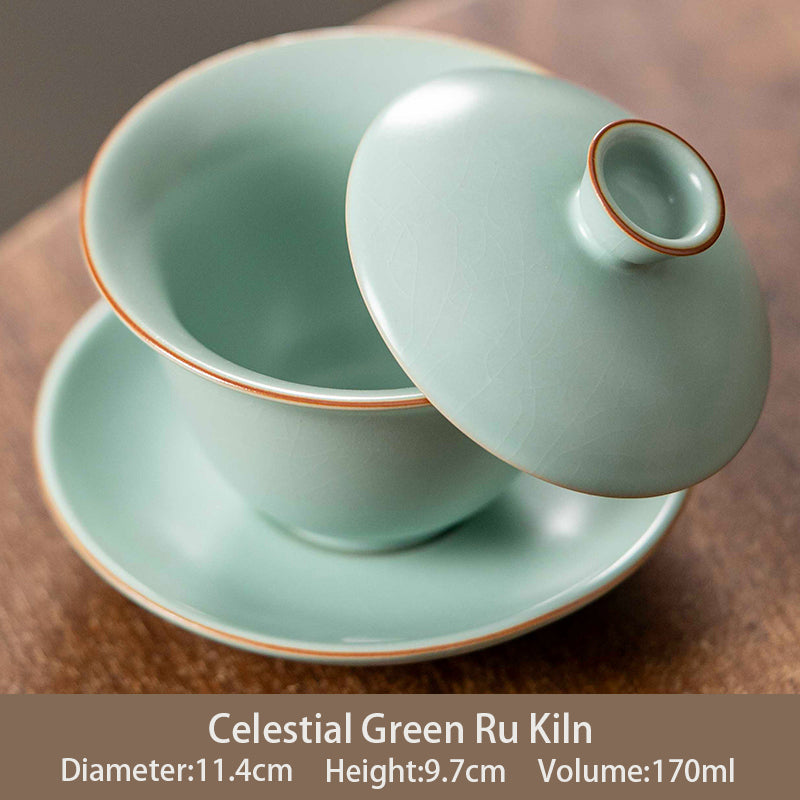 Ru Kiln Celestial Green Hovering Sansai Covered Bowl Traditional Chinese Porcelain
