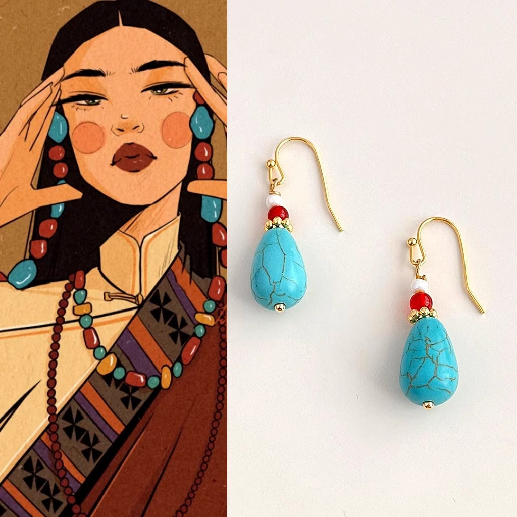Retro turquoise forehead pendant + agate earrings