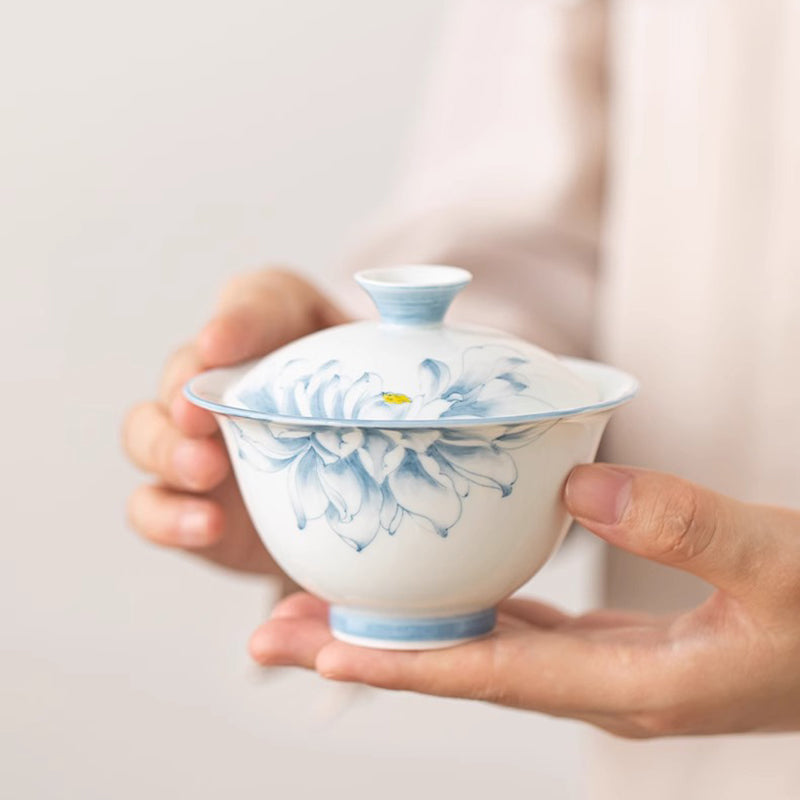 (Lotus Rhyme) White Porcelain Covered Bowl Set