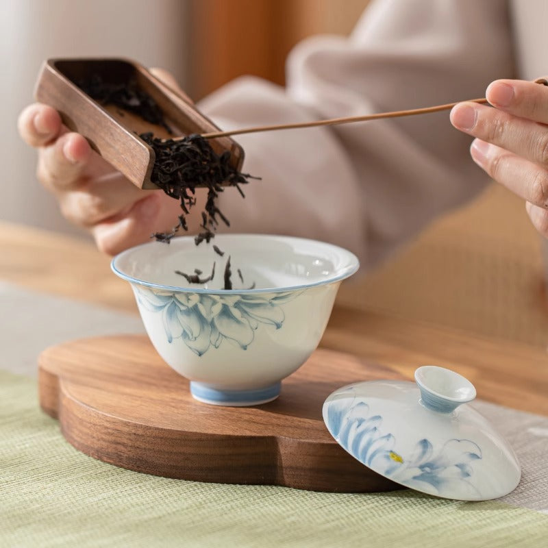 (Lotus Rhyme) White Porcelain Covered Bowl Set