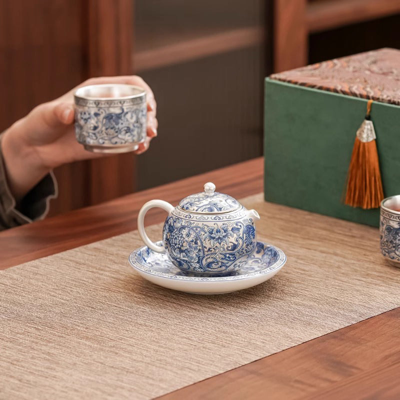 Blue and white Porcelain Xishi style Teapot Set with Interlocking Lotus Pattern and Gilt - silver Finish