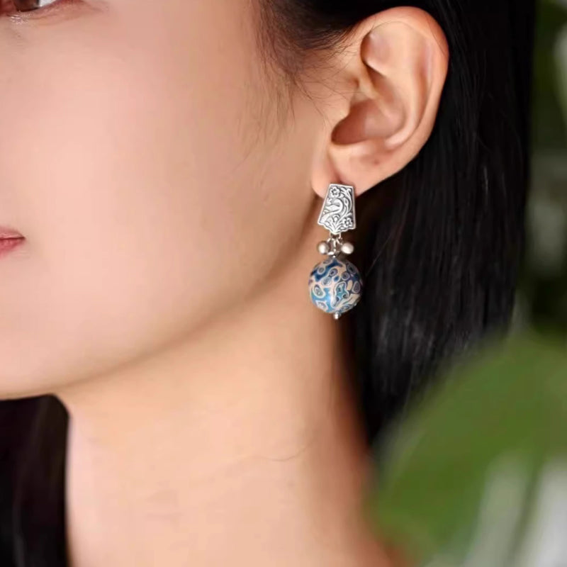 Retro blue earrings made of lacquer