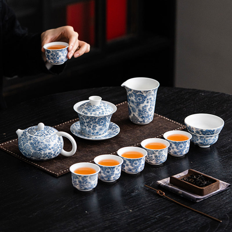 Mutton-Fat Jade Floral Tea Set
