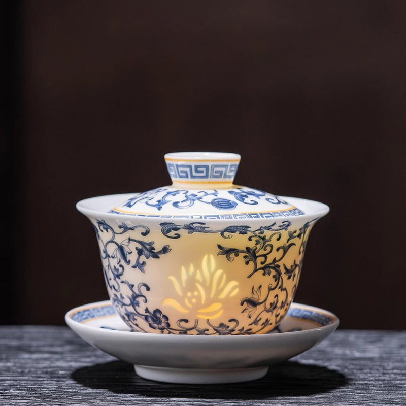 Three Layered Covered Bowl Made of Suet like Jade Porcelain