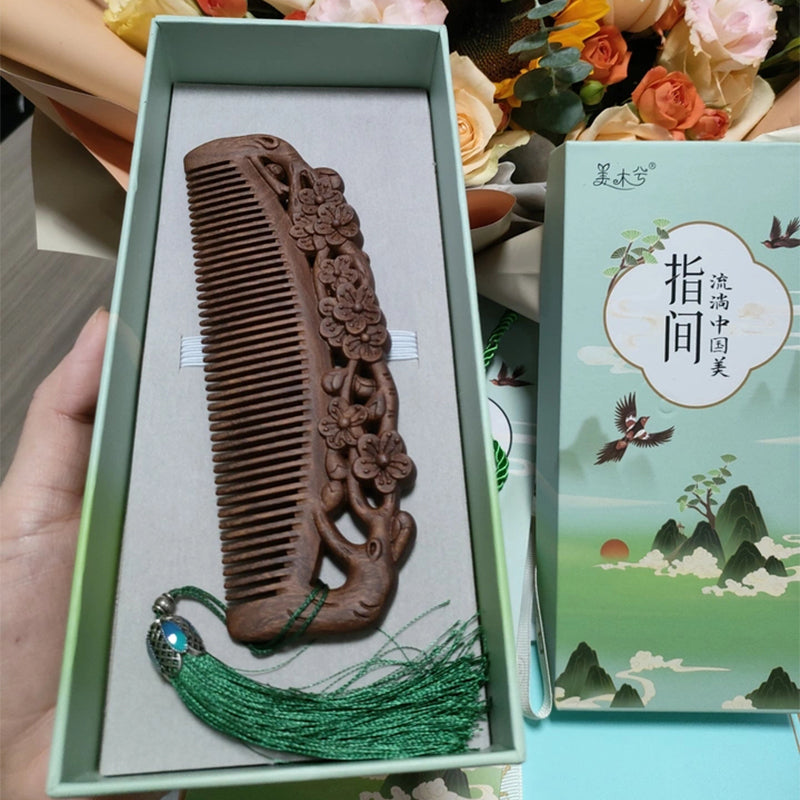 Natural Ebony Carved Comb Chinese Classical Born Beautiful Wooden Comb Antistatic