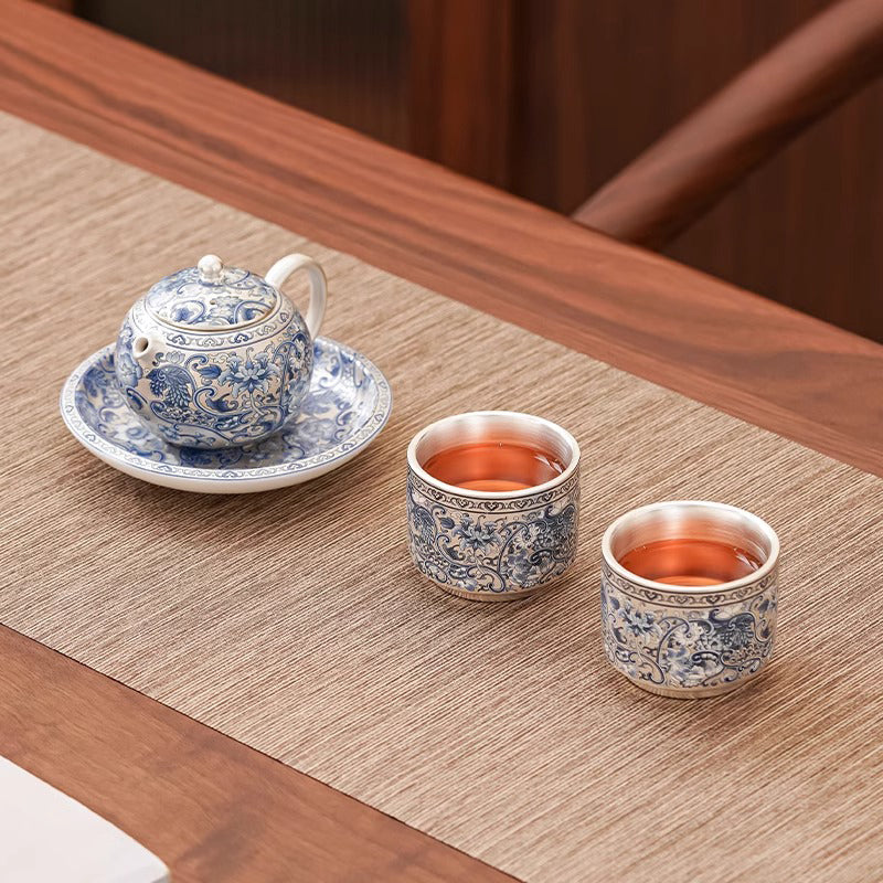 Blue and white Porcelain Xishi style Teapot Set with Interlocking Lotus Pattern and Gilt - silver Finish
