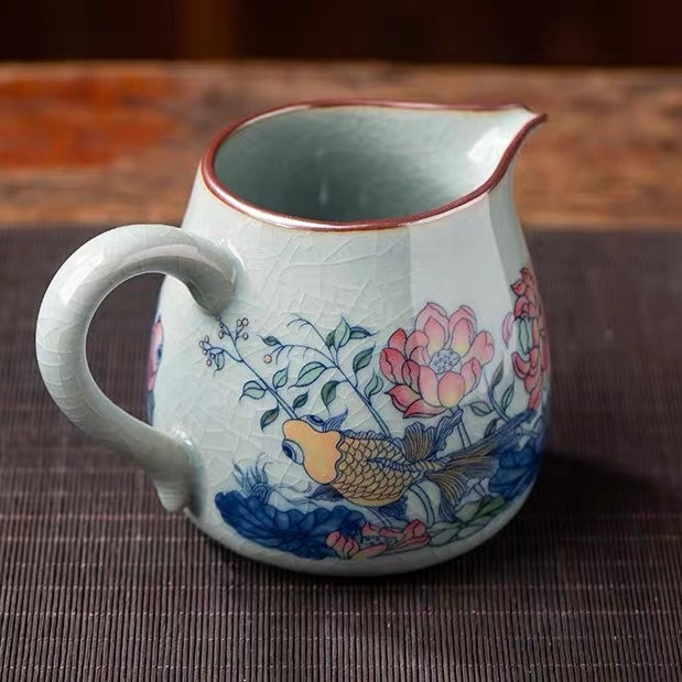Jingdezhen Old Clay "Abundant Fortune" Gaiwan—Traditional three-piece gaiwan inspired by the philosophy of harmony between man and nature, made of Jingdezhen old clay with koi & lotus