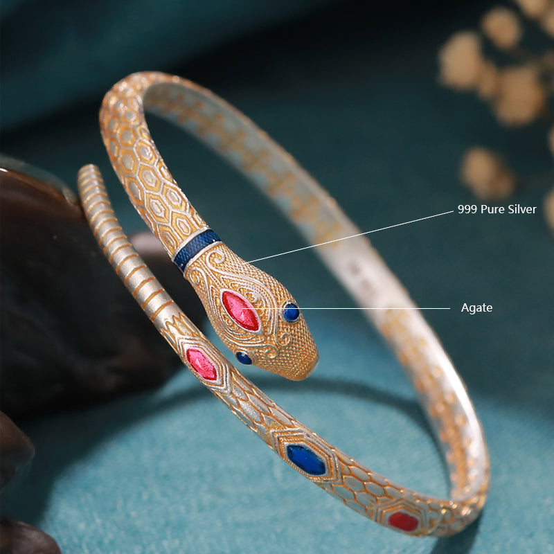 925 silver, gold Spirit snake bracelet, Chinese style enamel, 28.5 grams