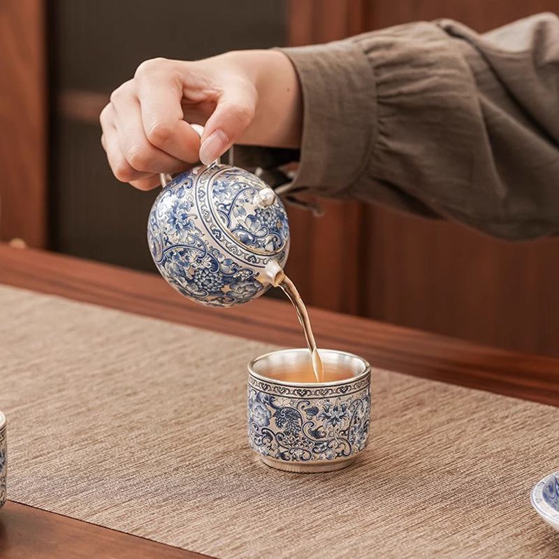 Blue and white Porcelain Xishi style Teapot Set with Interlocking Lotus Pattern and Gilt - silver Finish
