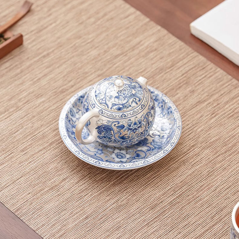 Blue and white Porcelain Xishi style Teapot Set with Interlocking Lotus Pattern and Gilt - silver Finish