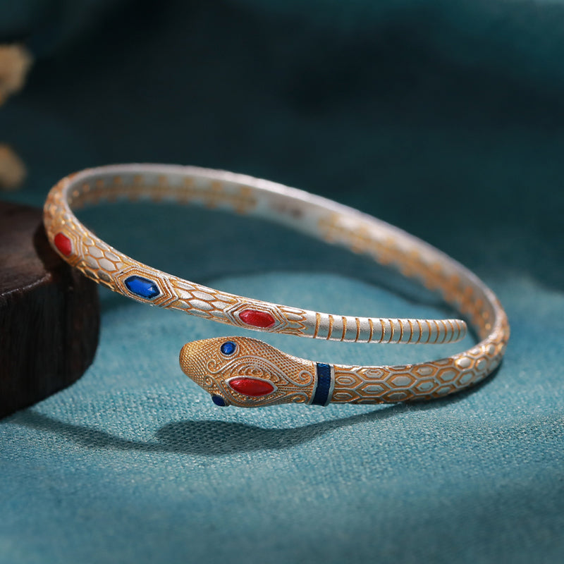 925 silver, gold Spirit snake bracelet, Chinese style enamel, 28.5 grams