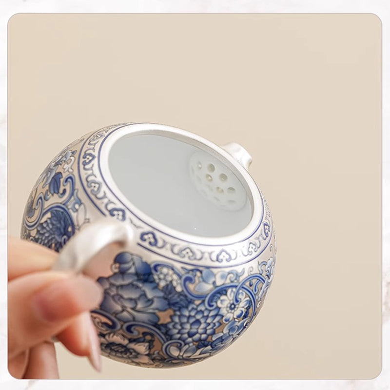 Blue and white Porcelain Xishi style Teapot Set with Interlocking Lotus Pattern and Gilt - silver Finish