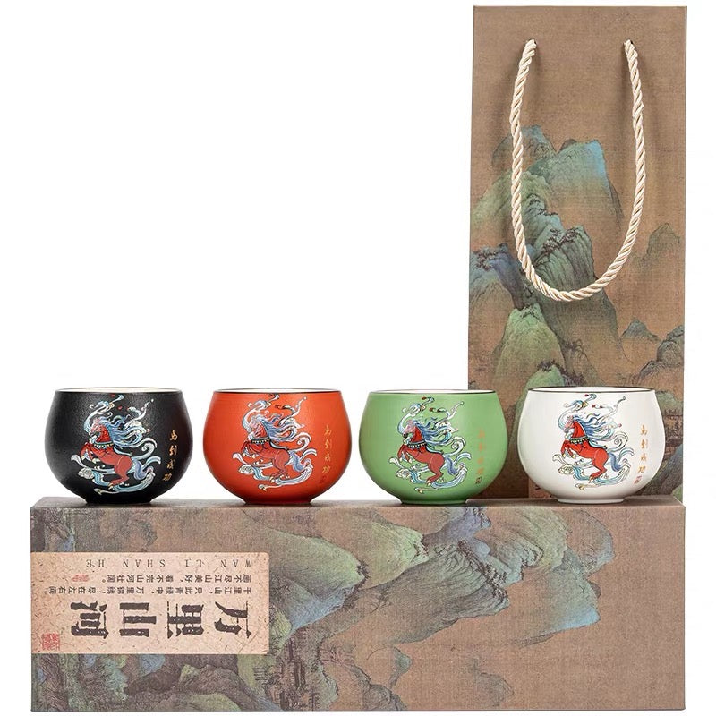 Year of the Horse "Success Upon Arrival" Chinese Art Tea Cup Set | 4-Piece Rustic Porcelain Zen Cups Gift Box for Elders, Corporate & Birthday Gifts