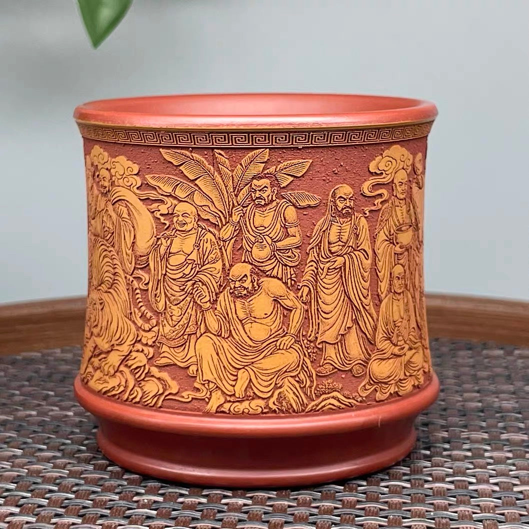 Yixing Raw Ore Dahongpao Zisha, Fully Hand-Carved Eighteen Arhats Master Cup, Bamboo Joint Dual-Color Tea Cup—140CC