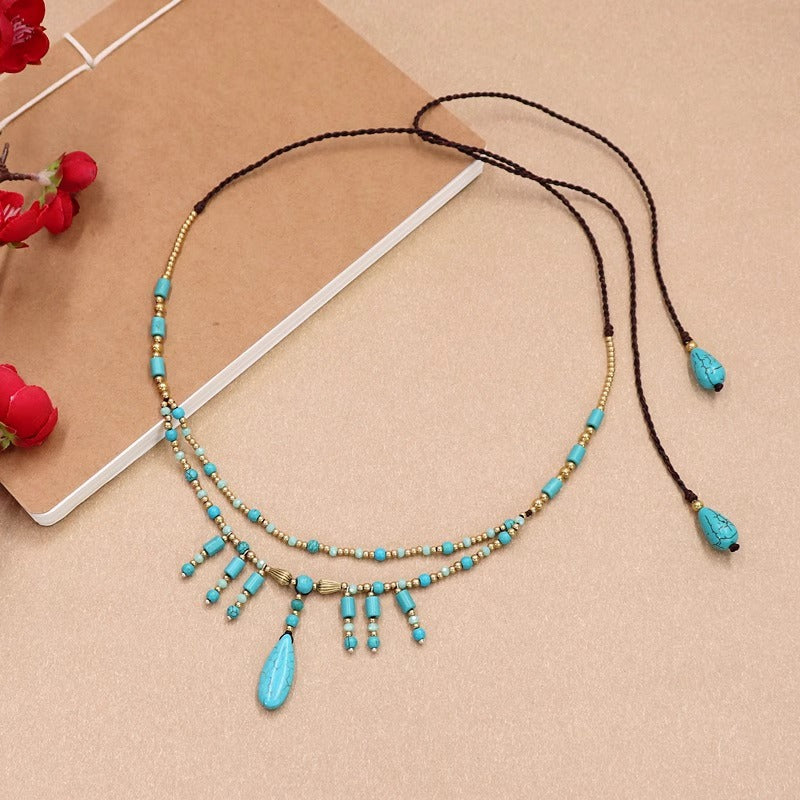 Retro turquoise forehead pendant + agate earrings