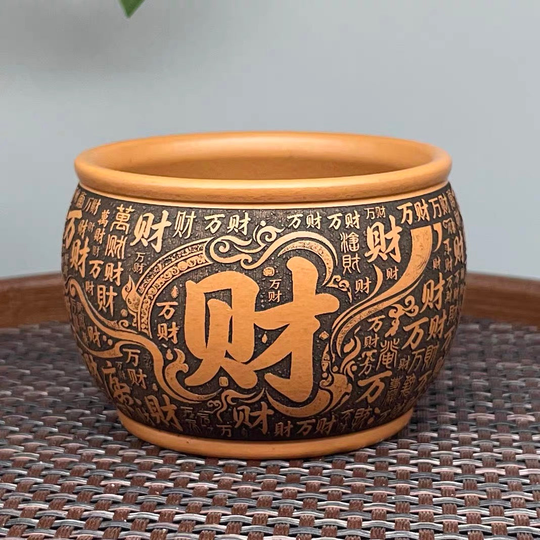 Yixing Raw Ore Golden Cinnabar Clay Zisha Master Cup, Fully Hand-Carved "Horse Brings Wealth" Design, Chinese Zodiac Horse Large Tea Cup-- （160cc）