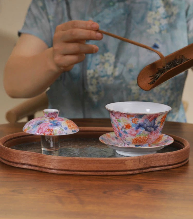 Enamel Color Butterfly & Flower Gaiwan - Chinese Imperial Tea Bowl— Elegant enamel gaiwan inspired by Qing Dynasty imperial craftsmanship, perfect for gongfu tea lovers and gifting