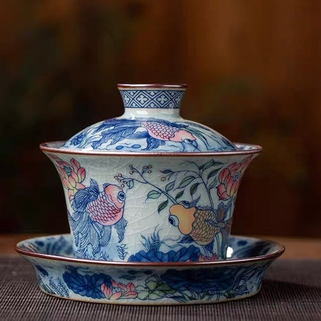 Jingdezhen Old Clay "Abundant Fortune" Gaiwan—Traditional three-piece gaiwan inspired by the philosophy of harmony between man and nature, made of Jingdezhen old clay with koi & lotus