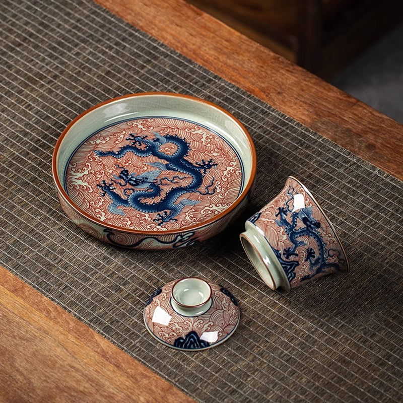 Ice Crackle Underglazed Red Sea-Dragon Tea Set