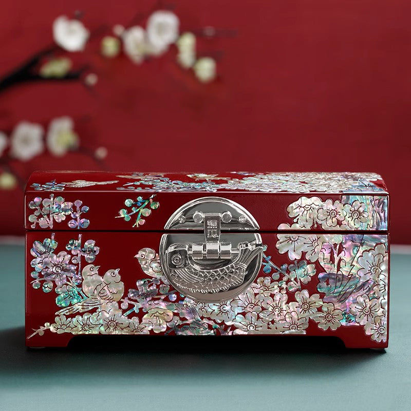 Lacquer Jewelry Box with Magpie & Plum Design — Symbolizing Radiant Joy