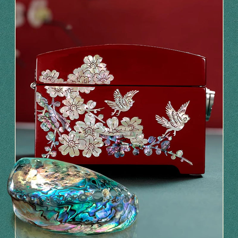 Lacquer Jewelry Box with Magpie & Plum Design — Symbolizing Radiant Joy