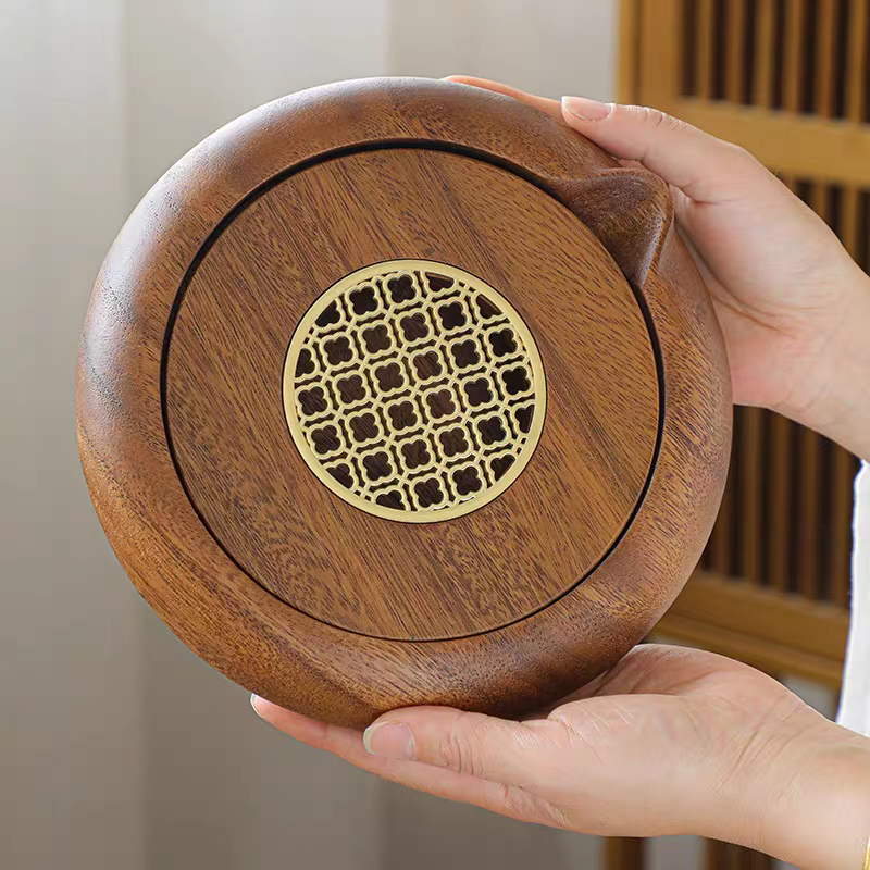 Solid Walnut Wood Teapot Holder - Round Water Storage Tea Tray for Wet Brewing, Yixing Teapot Care Pad, Kung Fu Tea Serving Tray