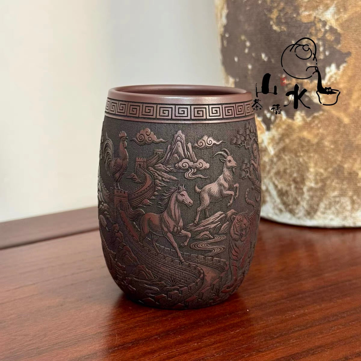 Yixing Raw Ore Shihong Clay Teacup | 280CC Dragon Egg Shape Master Cup, Hand-carved 12 Chinese Zodiac & Dragon Pattern, Zisha Kung Fu Tea Cup