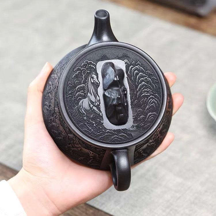 Authentic Yixing Zisha Teapot | Aged Original Shihuang Clay, Full Hand-Carved Eight Horses Pattern, Guanshan Zisha Teapot, Premium Kung Fu Teaware & Luxury Gift Collection