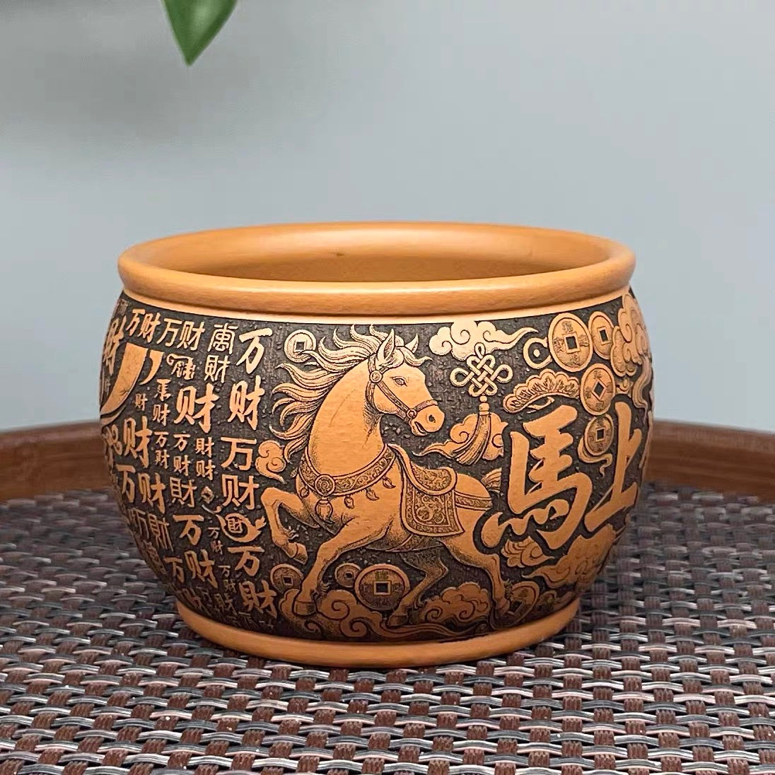Yixing Raw Ore Golden Cinnabar Clay Zisha Master Cup, Fully Hand-Carved "Horse Brings Wealth" Design, Chinese Zodiac Horse Large Tea Cup-- （160cc）