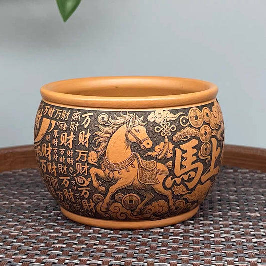 Yixing Raw Ore Golden Cinnabar Clay Zisha Master Cup, Fully Hand-Carved "Horse Brings Wealth" Design, Chinese Zodiac Horse Large Tea Cup-- （160cc）