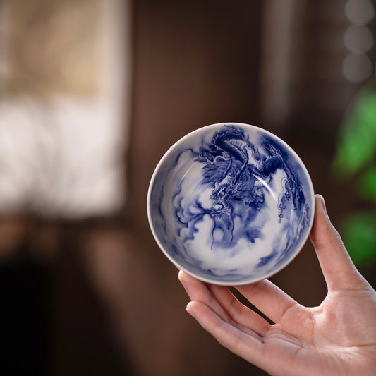The Azure Dragon Puer Tea Master Cup — Handcrafted Jingdezhen Blue & White Porcelain