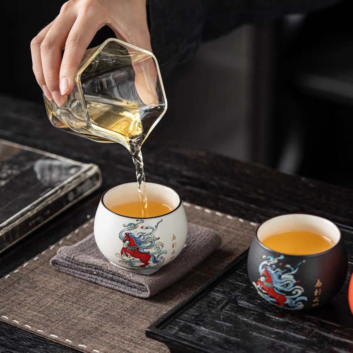 Year of the Horse "Success Upon Arrival" Chinese Art Tea Cup Set | 4-Piece Rustic Porcelain Zen Cups Gift Box for Elders, Corporate & Birthday Gifts