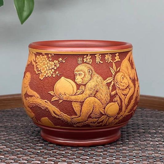 Yixing Raw Ore Dahongpao Zisha, Fully Hand-Carved "Five Monkey Gather Blessings" Chinese Zodiac Monkey Master Cup, Dual-Color General Tea Cup—160CC