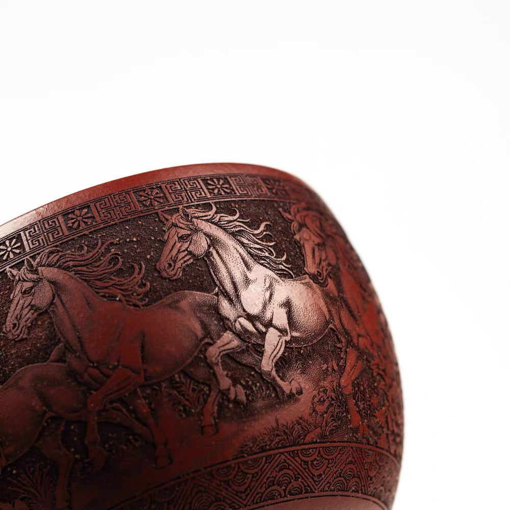 Yixing Raw Ore Dragon Blood Sand Zisha Master Cup, Fully Hand-Engraved Zodiac Horse Teacup, 140cc Double Wall Heat Insulated Anti-scald Kung Fu Tea Cup--The Eight Steeds (Ba Jun Tu)